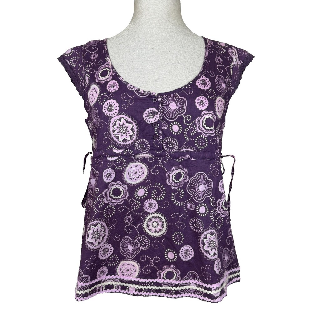 Vtg Y2K Anchor Blue Babydoll Top Womens L Cotton Side Tie Boho Whimsy Indie NEW